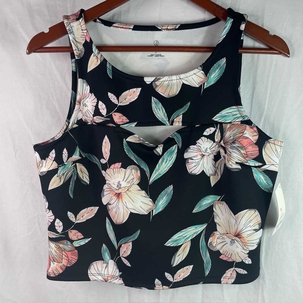 NWT Decree CAMILLA Fitted Crop Top Sleeveless Floral Back Workout Keyhole Size L